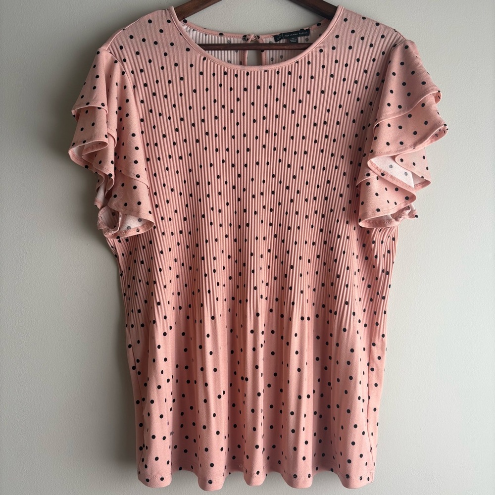 Adrianna Papell Blush Pink Polka Dot Pleated Flutter Sleeve Blouse XL